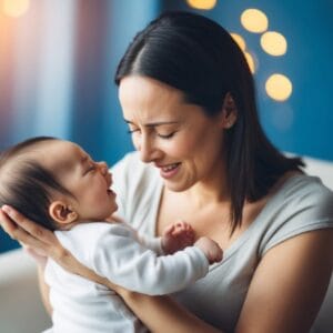En mor vugger blidt sin grædende baby mens hun stille synger en vuggevise