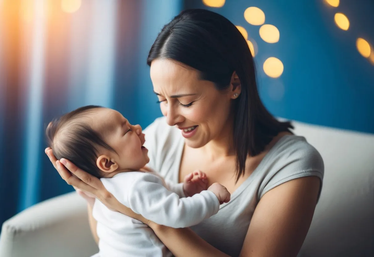 En mor vugger blidt sin grædende baby mens hun stille synger en vuggevise