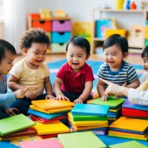 En gruppe småbørn samlet omkring en bunke farverige babybøger peger og griner mens de lytter til en historiefortæller