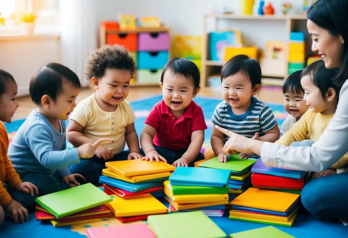 En gruppe småbørn samlet omkring en bunke farverige babybøger peger og griner mens de lytter til en historiefortæller