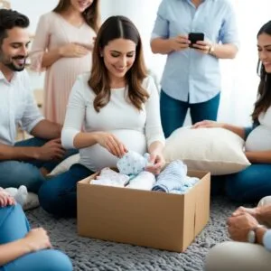 En gravid kvinde pakker en gaveæske fyldt med babytøj og en hyggelig graviditetspude ud omgivet af venner og familie til en babyshower